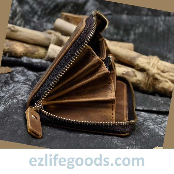 EZLIFEGOODS - Unisex Vintage Genuine Leather Crazy Horse Long Zipper Wallet Brown