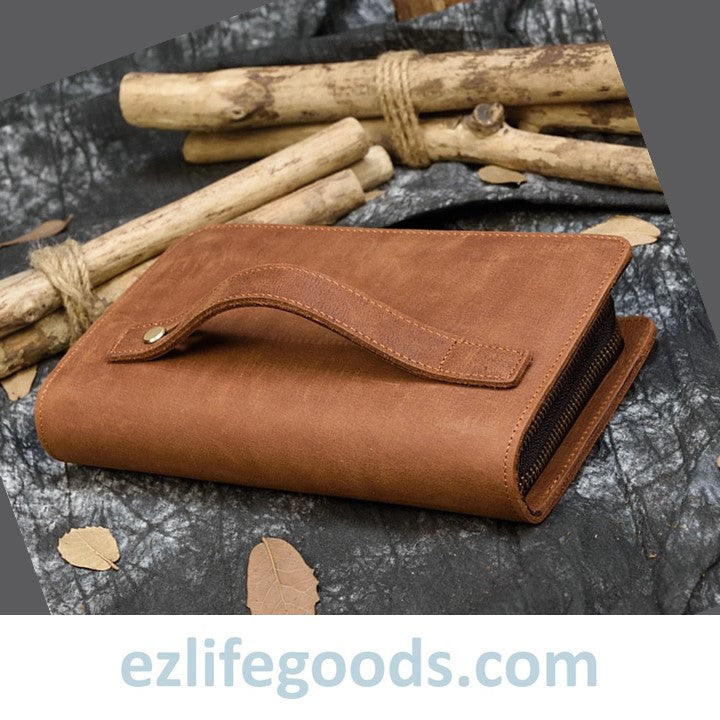 EZ Life Goods-Genuine Leather Double Zipper Clutch Wallet for Men Light Brown