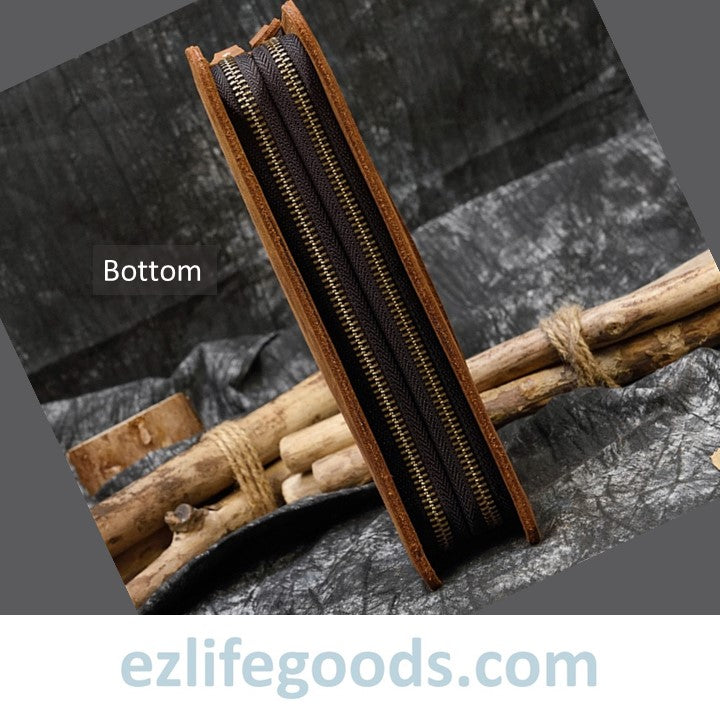 EZ Life Goods-Genuine Leather Double Zipper Clutch Wallet for Men