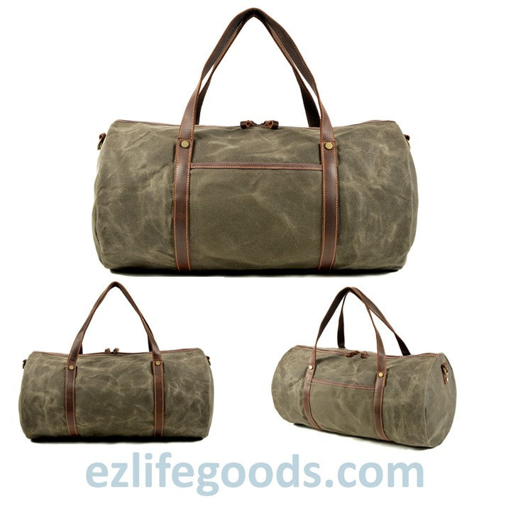 EZLIFEGOODS-Retro Canvas Trimmed with Cowhide Duffle Weekender Bag | 54 cm Large Capacity Gym bag Army Green