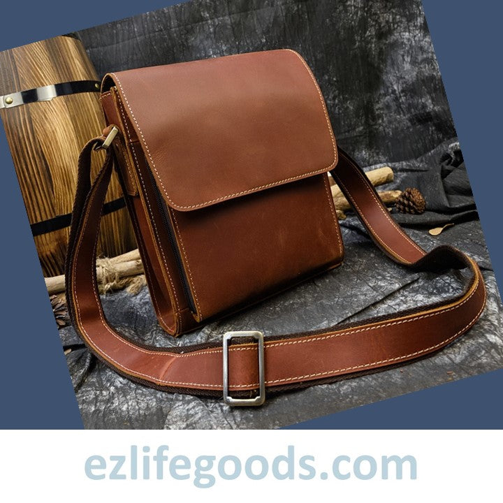 EZLIFEGOODS- Crazy Horse Leather Shoulder Bag Crossbody Messenger Bag for Men-Brown