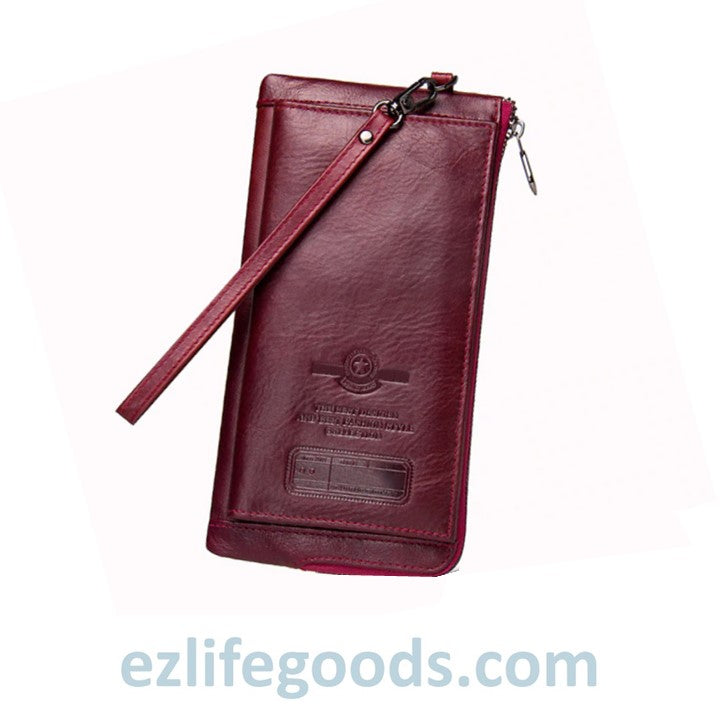 EZLIFEGOODS-Elegant Genuine Leather Wallet With Phone Pocket-Red