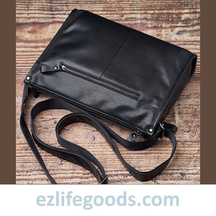 Full Grain Leather Shoulder Bag Black Leather Messenger Bag Casual  Crossbody Bag