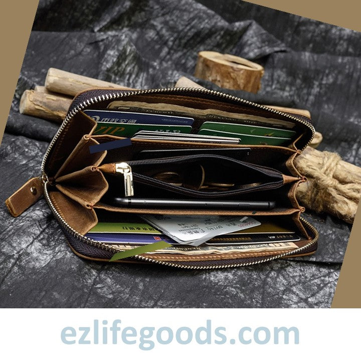EZLIFEGOODS - Unisex Vintage Genuine Leather Crazy Horse Long Zipper Wallet Brown