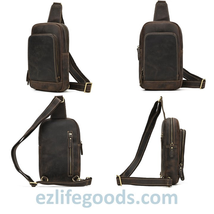 EZLIFEGOODS-Unisex Cowhide Chest Sling Bag, Casual Crossbody Messenger Bag Dark Brown