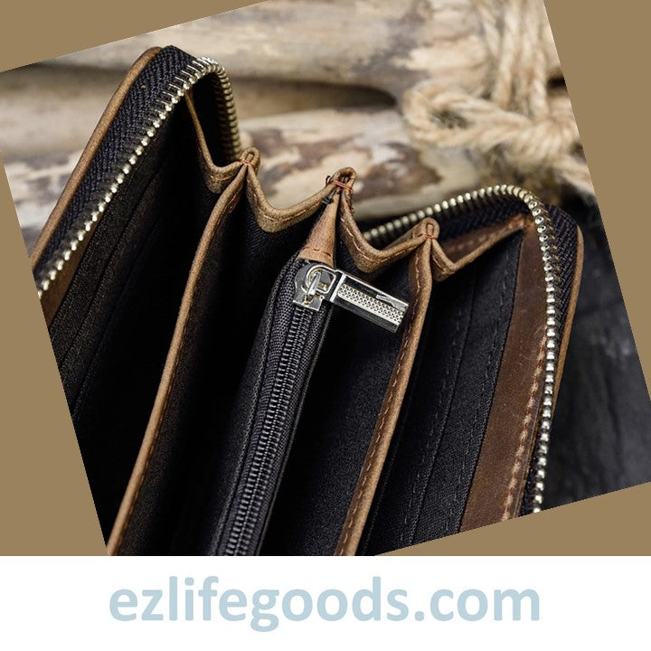 EZLIFEGOODS - Unisex Vintage Genuine Leather Crazy Horse Long Zipper Wallet Brown