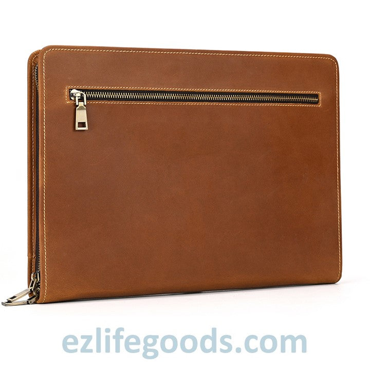 EZ Life Goods-Unisex A4 Genuine Leather Portfolio Binder, Leather Business Portfolio | The Best Zippered Padfolio Light Brown