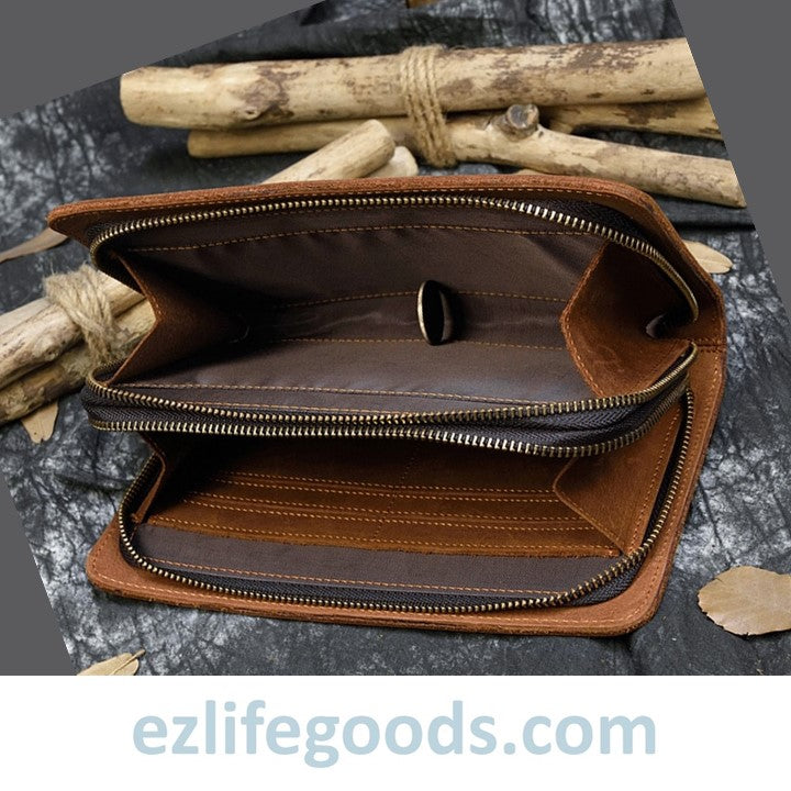 EZ Life Goods-Genuine Leather Double Zipper Clutch Wallet for Men