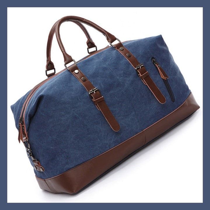 EZ Life Goods-Original Canvas & Leather Travel Duffle Bag / Large Weekend Bag 54 cm Blue