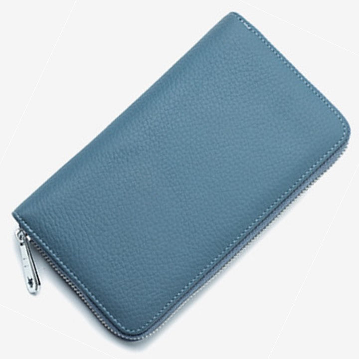 EZLIFEGOODS-RFID Genuine Leather All Around Zipper Wallet for Women, High Capacity Long Wallet Phone Purse Denim Blue