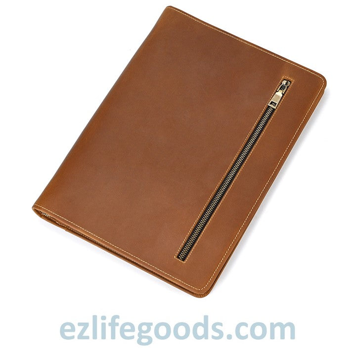 EZ Life Goods-Unisex A4 Genuine Leather Portfolio Binder, Leather Business Portfolio | The Best Zippered Padfolio Light Brown