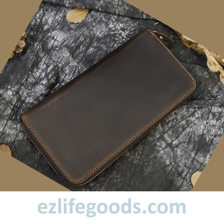 EZLIFEGOODS - Unisex Vintage Genuine Leather Crazy Horse Long Zipper Wallet Dark Brown