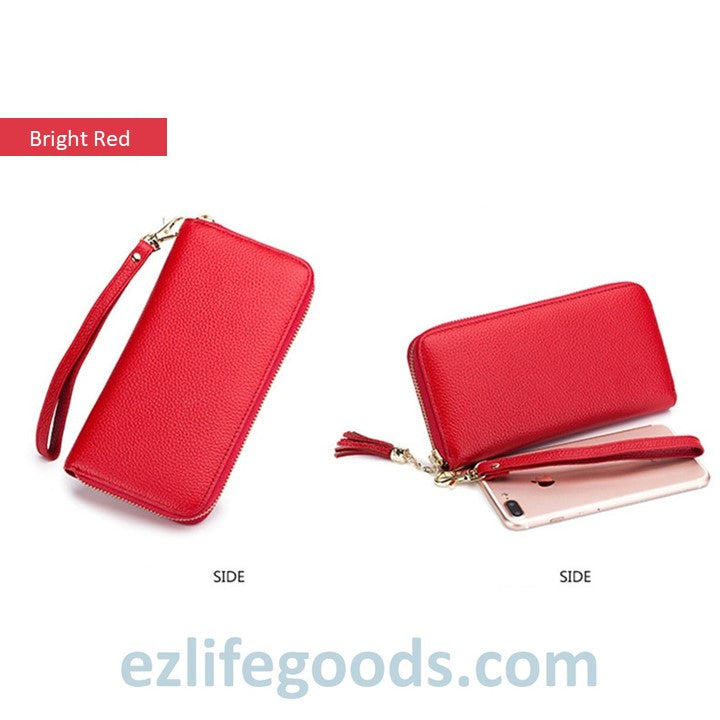 EZLIFEGOODS - Stylish Tassel Genuine Leather Long Zipper Clutch RFID Wallet for Women Bright red